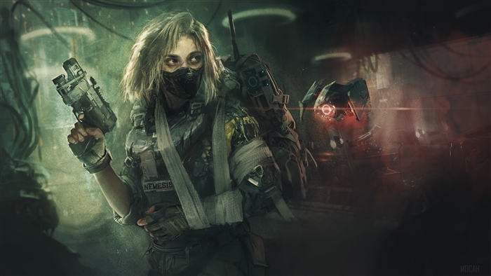 Woman with gun in post-apocalyptic setting
