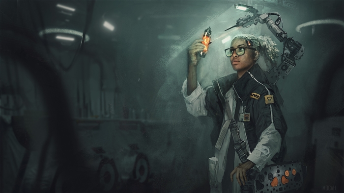 Scientist with robotic arm in a laboratory 4K