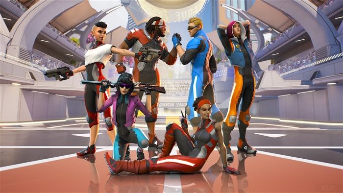 Quantum League characters in futuristic arena 4K