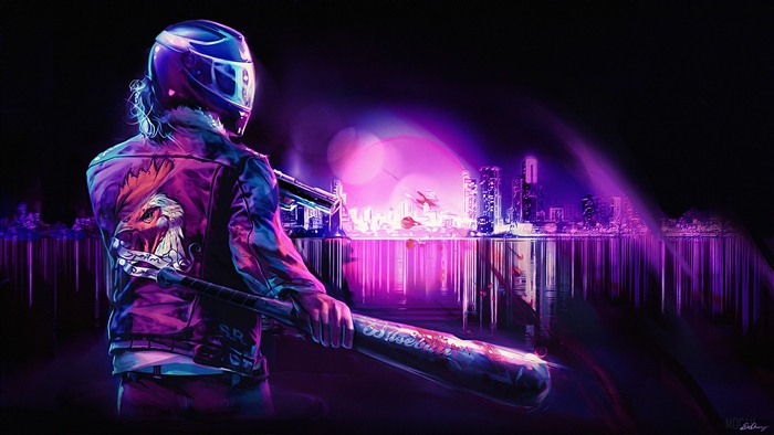 Man in Motorcycle Helmet with Baseball Bat in Hotline Miami 4K