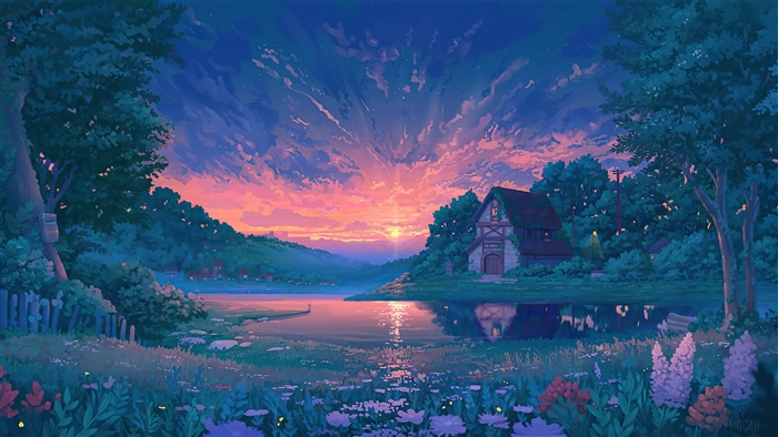 Sunrise Over Tranquil Lake and Cottage in Nature 4K