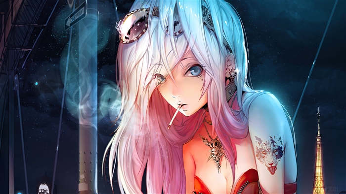 Anime Girl Smoking at Night 4K