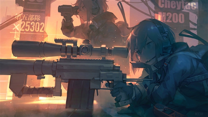 Anime girls with sniper rifle and binoculars
