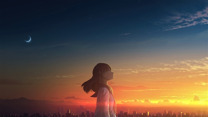 Anime girl in school uniform at sunset over city 4K