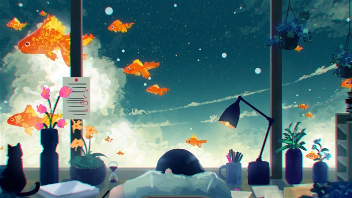 Anime scene with goldfish and a sleeping person