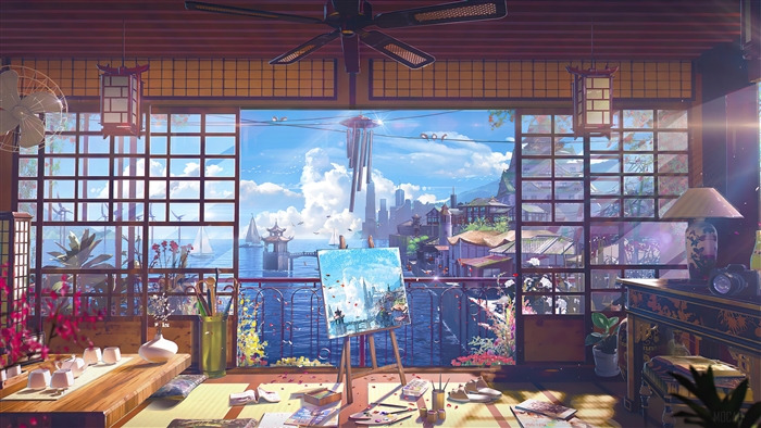Serene Seaside Cityscape with Art Studio 4K