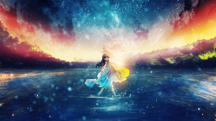 Anime Girl Walking on Water Under Starry Sunset Sky 4K
