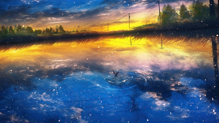 Anime lake reflection at sunset 4K