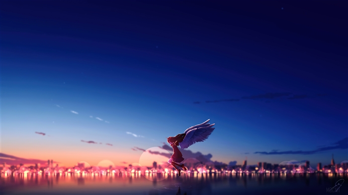 Anime girl with wings at sunset over city