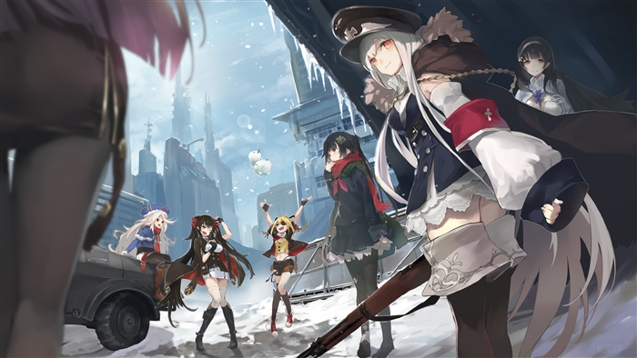 Girls Frontline characters in a snowy city