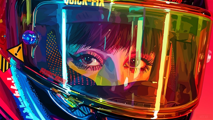Woman in a colorful racing helmet