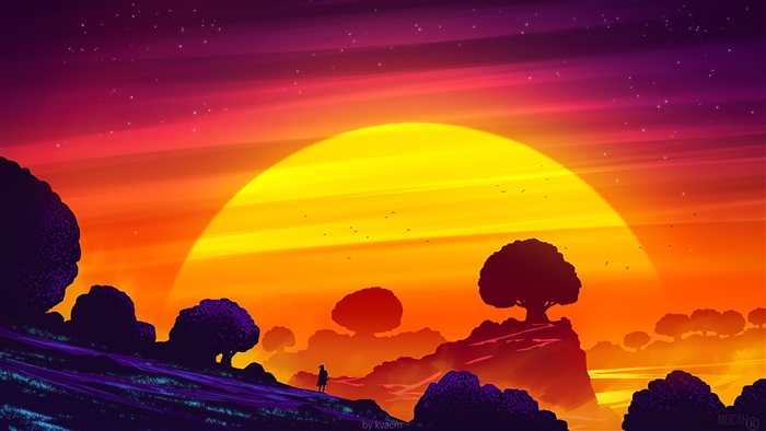 Vibrant Sunset Landscape with Giant Sun 4K