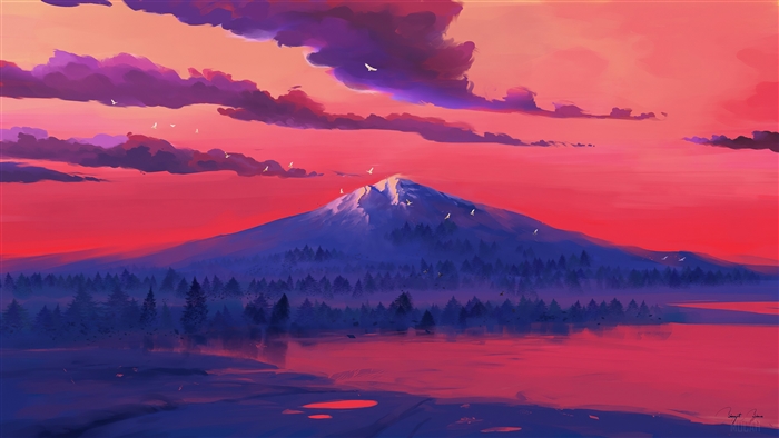 Digital Art 4K: Mountain Lake at Sunset