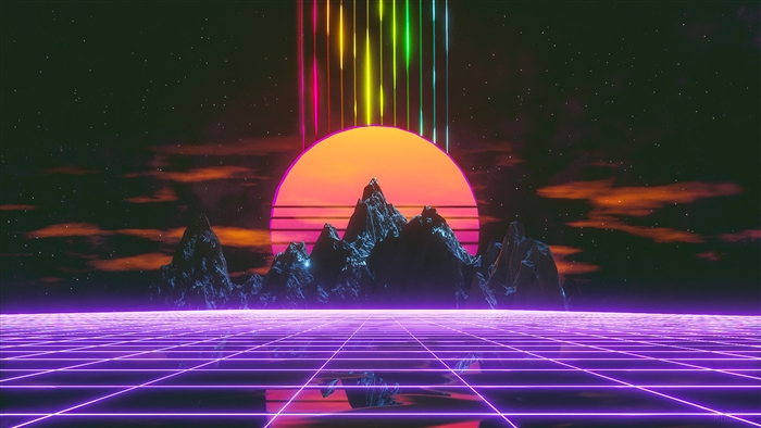 Retrowave Mountains with Neon Grid and 4K Sunset