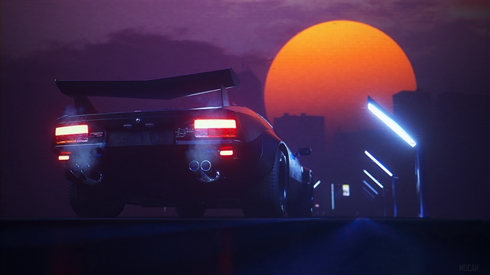 Retrowave Sports Car at Night with Street Lights 4K