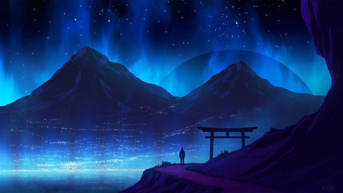 Silhouette at Night with Mountains and Northern Lights 4K