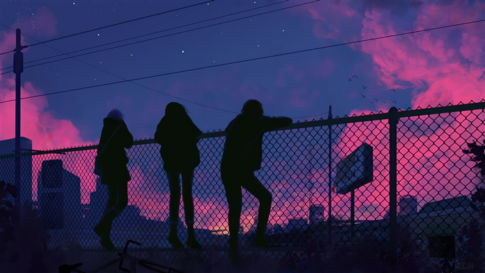 Silhouettes by Fence Under Vibrant Night Sky 4K
