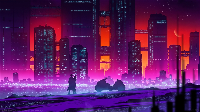 Sci-Fi Cityscape with Couple and Motorcycle