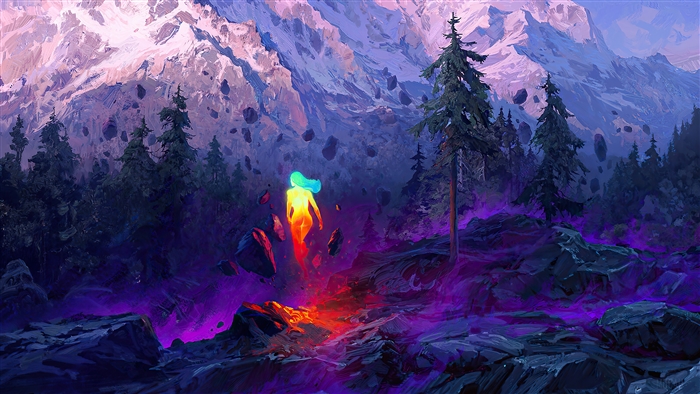 Fantasy figure in a rocky, mountainous landscape