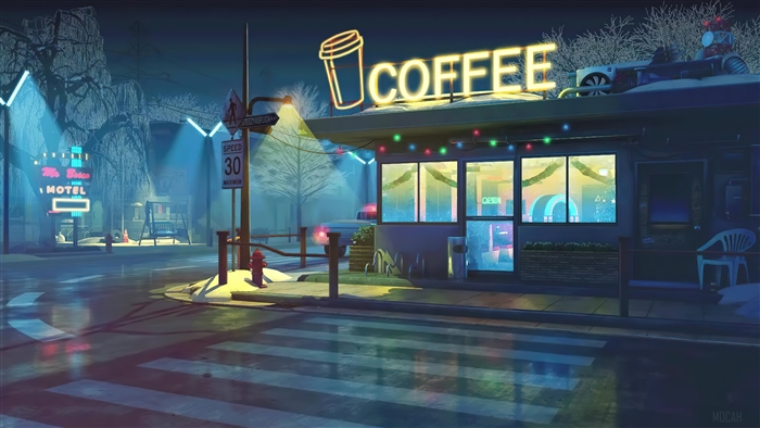 Nighttime Coffee Cafe by Crosswalk in 4K