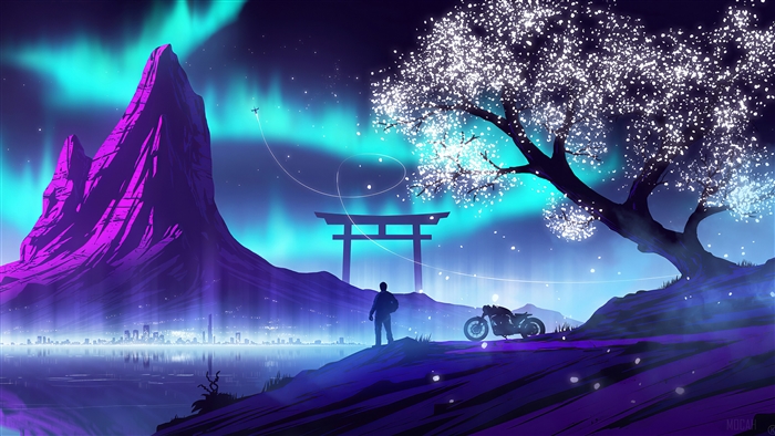 Biker Silhouette at Night with Northern Lights 4K