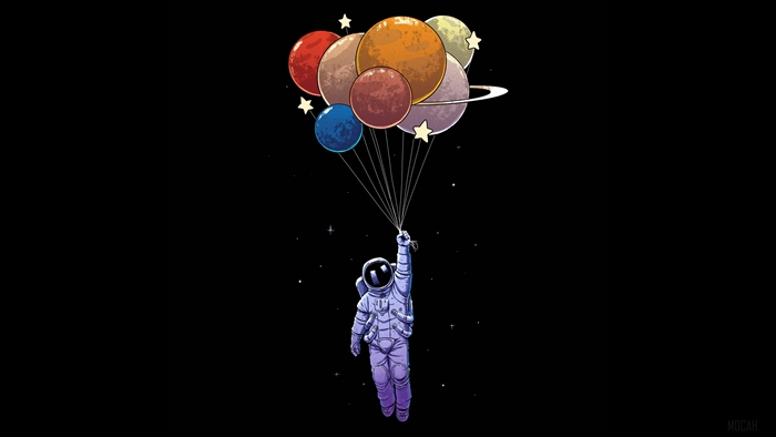 Astronaut holding planet balloons in space