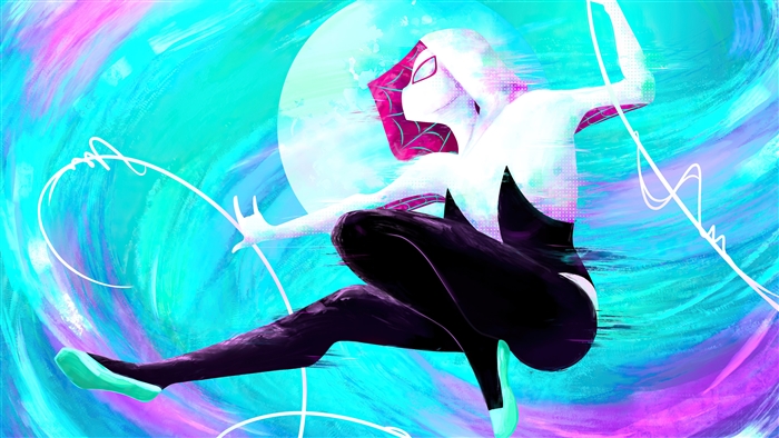 Spider-Gwen from Marvel Comics swinging