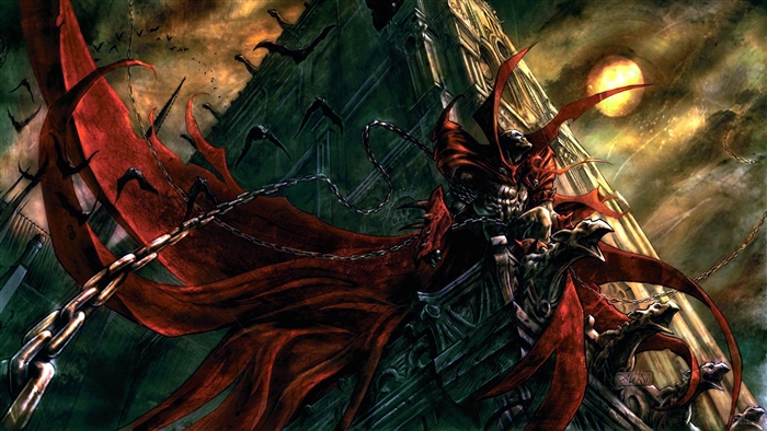 Spawn sitting on a throne with chains and bats