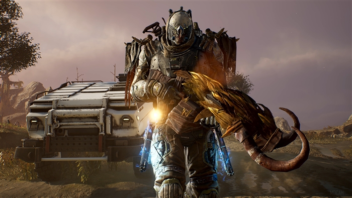 Outriders character with a large weapon and vehicle