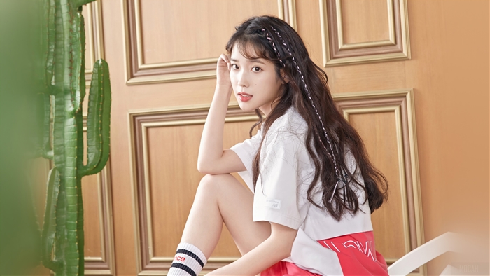 IU Casual Pose in White and Red Outfit 4K
