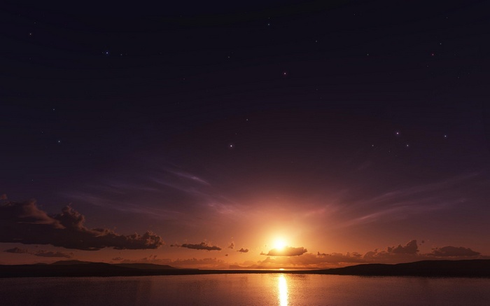 Sunset over a calm lake with stars in the sky