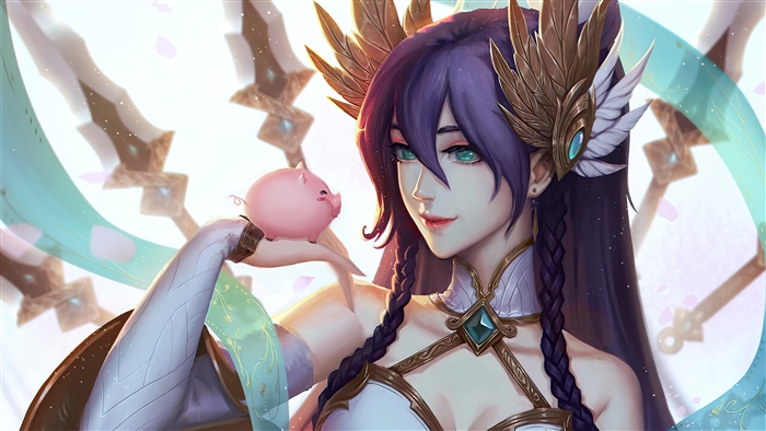 Irelia from League of Legends with a pig