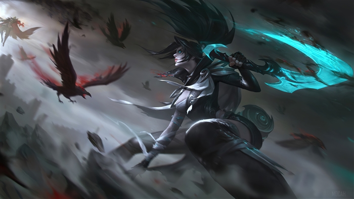 Akali in Dark Battle Stance with Glowing Weapon 4K