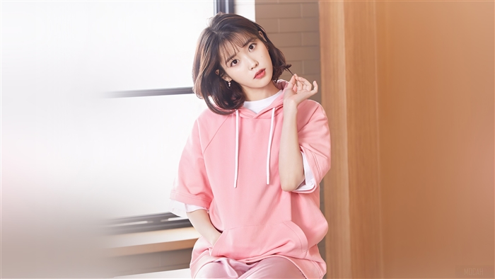 IU in Pink Hoodie Casual Pose 4K