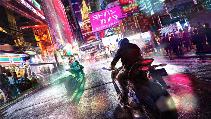 Motorcycle Street Race in Neon City 4K