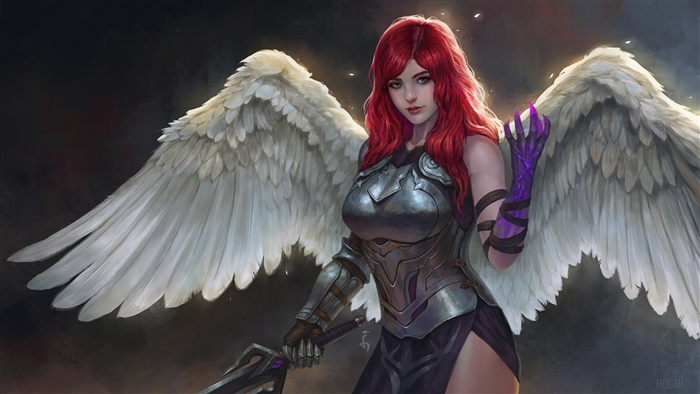 Angel warrior with red hair and wings