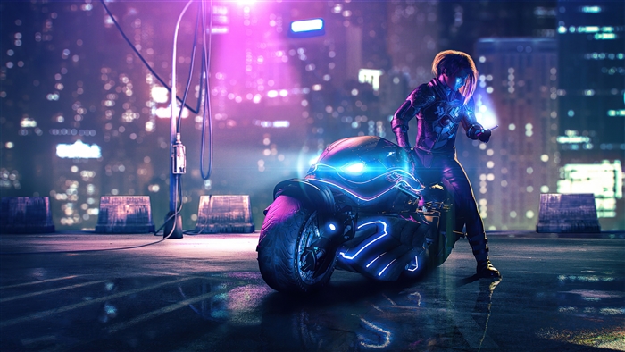 Cyberpunk Motorcycle Rider in Neon City 4K