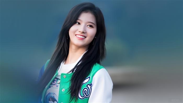 Sana from TWICE Smiling in Green Jacket 4K