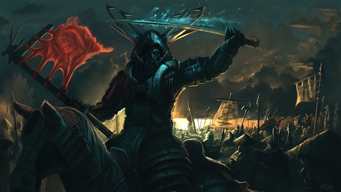 Sci-Fi Samurai Warrior on Horseback with Red Banner