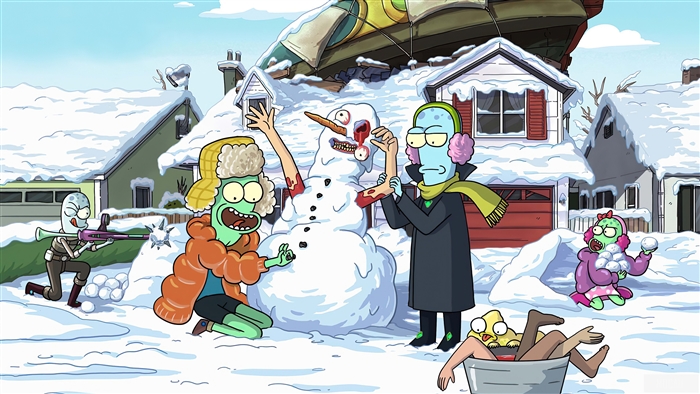 Solar Opposites characters building a bloody snowman