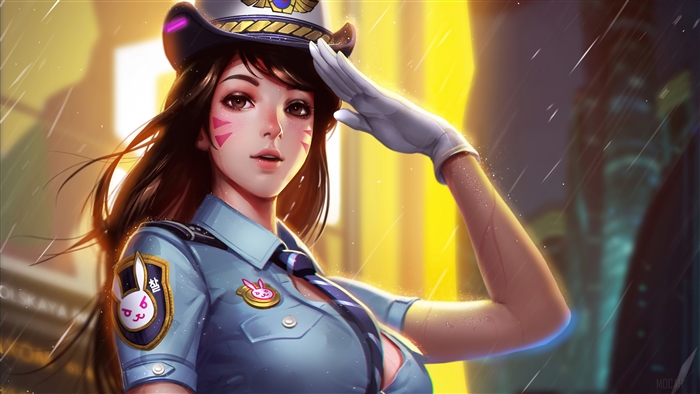 D.Va from Overwatch as a police officer in the rain