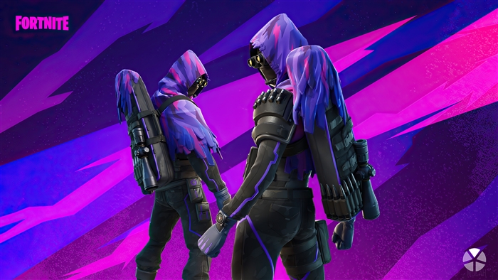 Fortnite characters with purple and blue feathered hoods