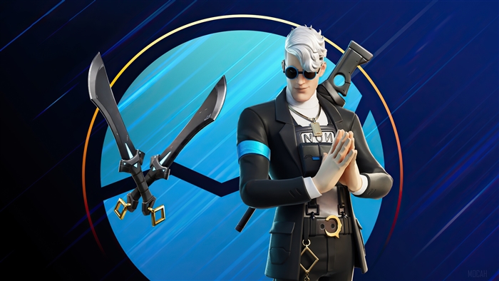 Fortnite character with dual swords and gun