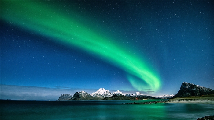 Aurora Borealis over Snowy Mountains and Ocean 4K