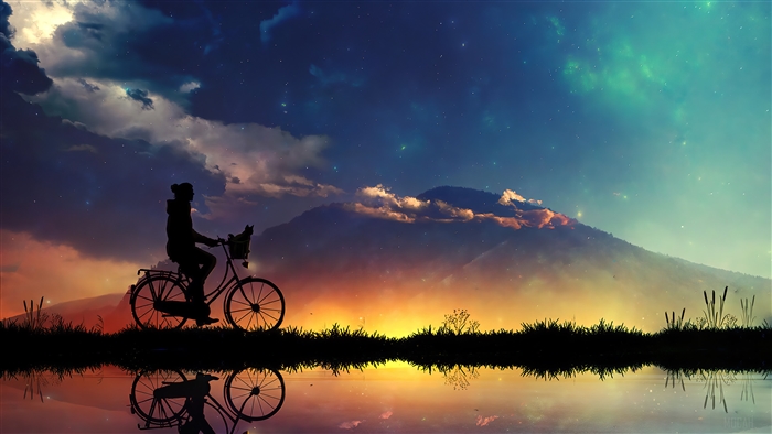 Silhouette of a person riding a bicycle at sunset