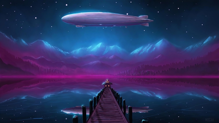 Zeppelin over a lake at night with mountains