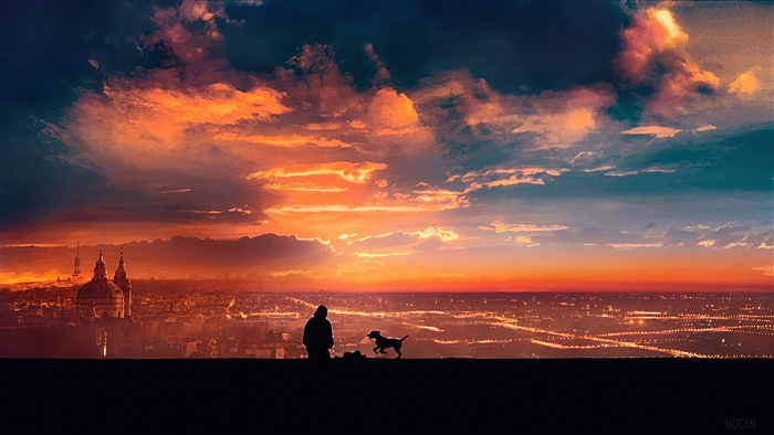 Silhouette of a person and dog against a sunset cityscape