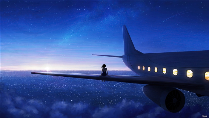 Sunrise Horizon with Airplane and Digital Art 4K