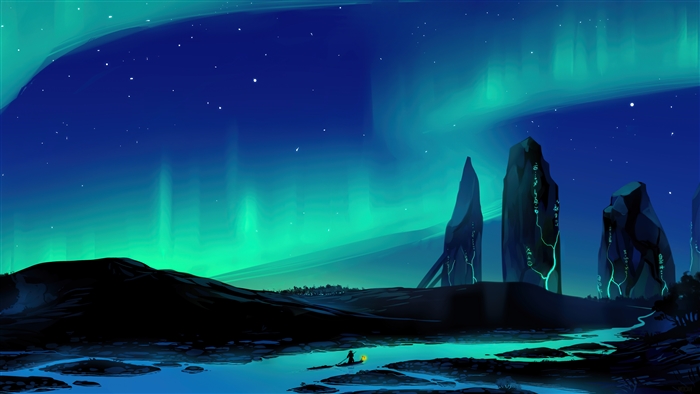 Northern Lights Over Dark Rocky Landscape 4K
