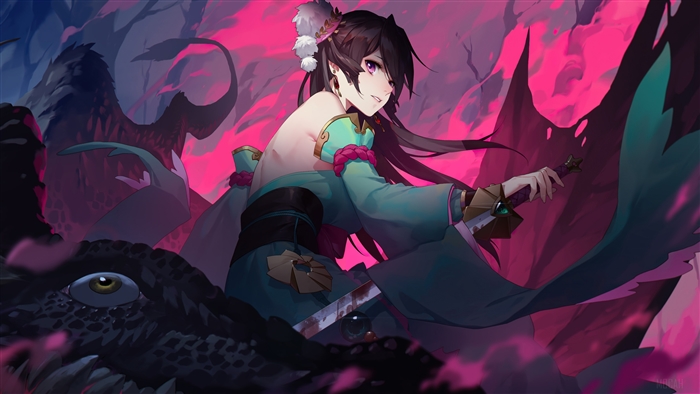 Anime girl warrior with sword and dragon 4K